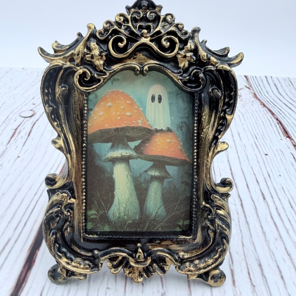 Ghost and Mushroom Art Print in Ornate Black and Gold Baroque Miniature Frame